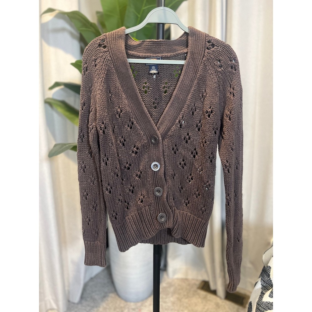 Route 66 Women Brown Pointelle Chunky Knit V-Neck Button Front Cardigan Large
